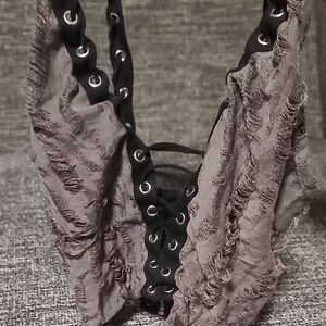Gray Lace-Up Top with Eyelet Detail